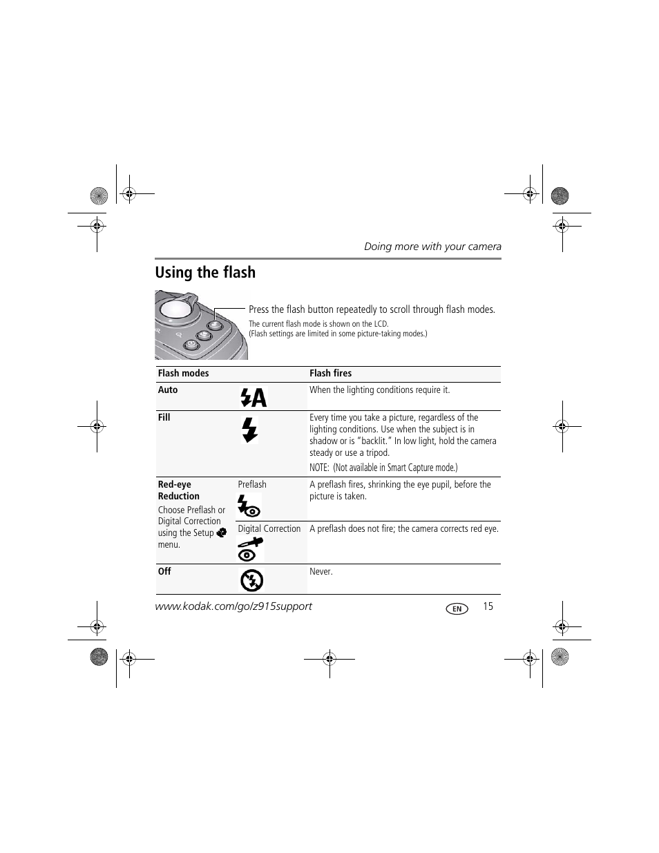 Using the flash | Kodak Z915 User Manual | Page 15 / 28