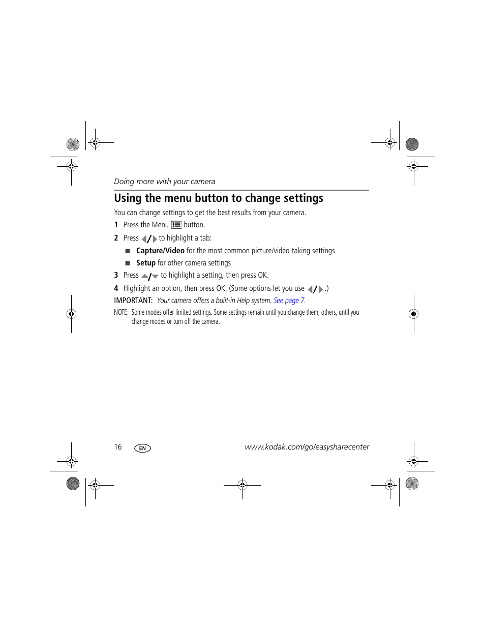 Digital zoom, Using the menu button to change settings | Kodak Z915 User Manual | Page 16 / 28