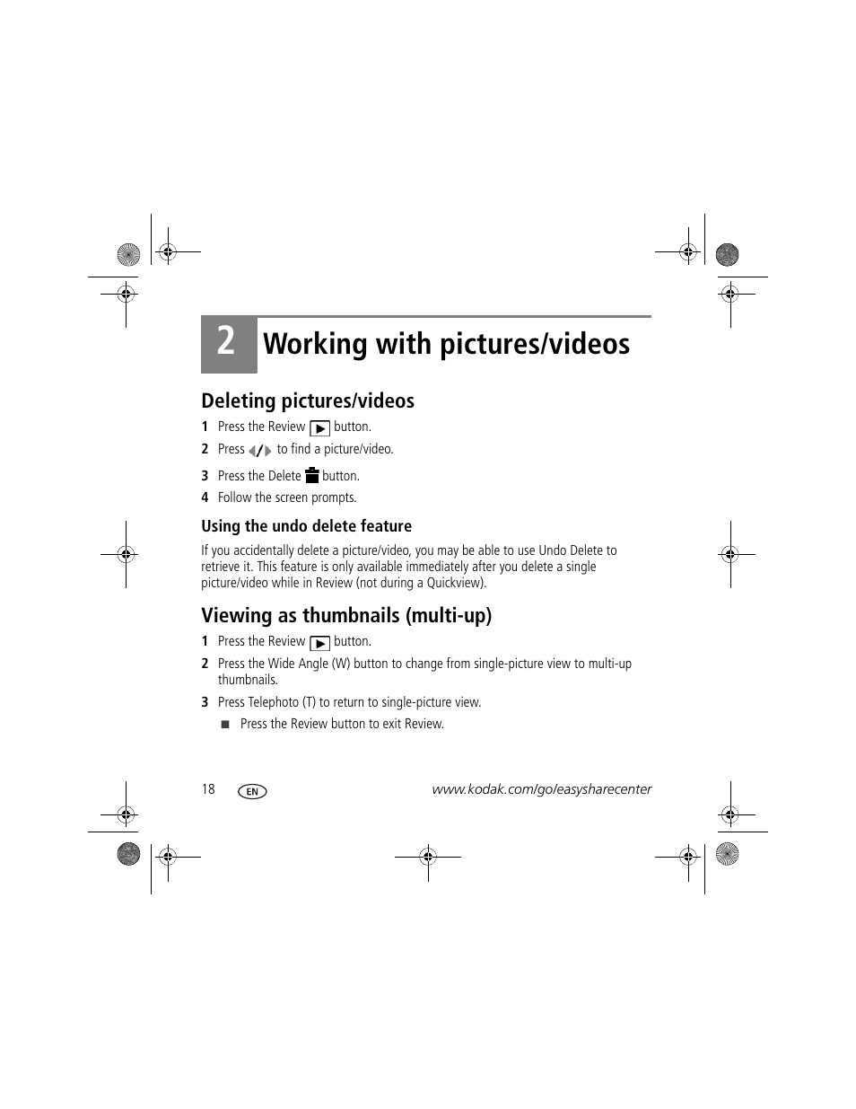 Working with pictures/videos, Deleting pictures/videos, Viewing as thumbnails (multi-up) | Kodak Z915 User Manual | Page 18 / 28