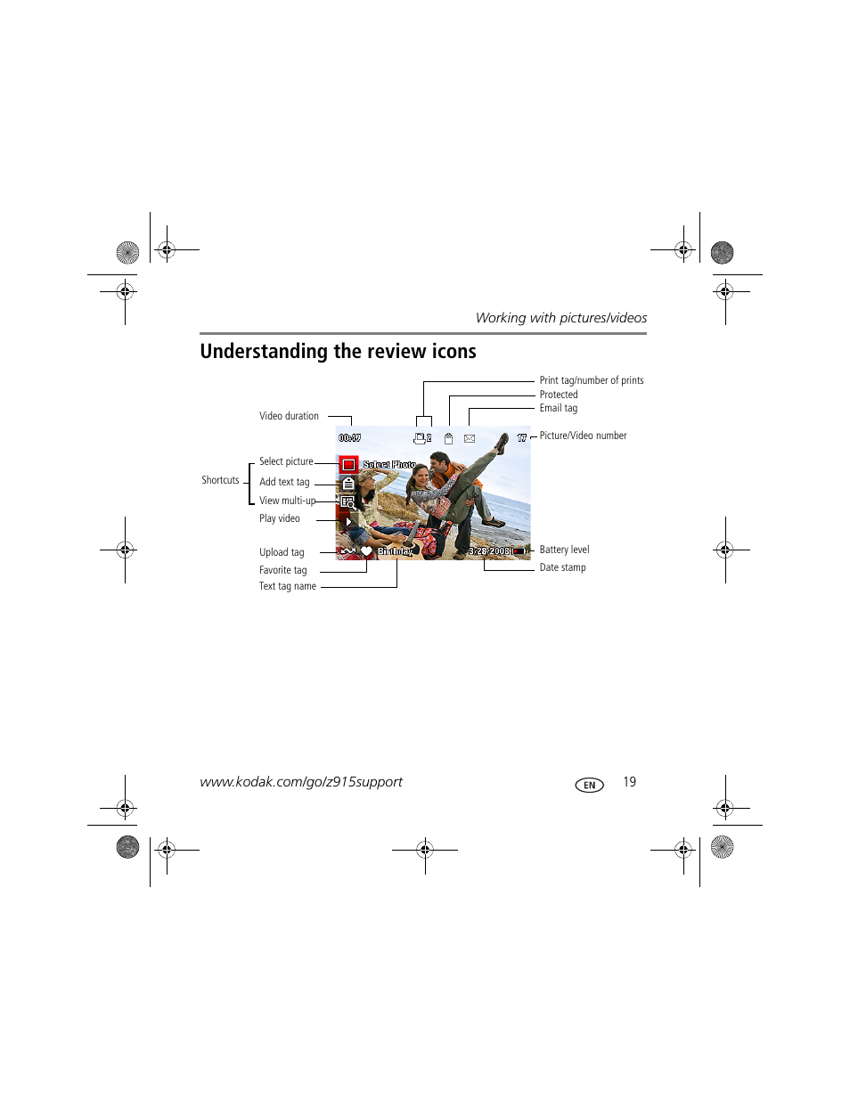 Understanding the review icons | Kodak Z915 User Manual | Page 19 / 28