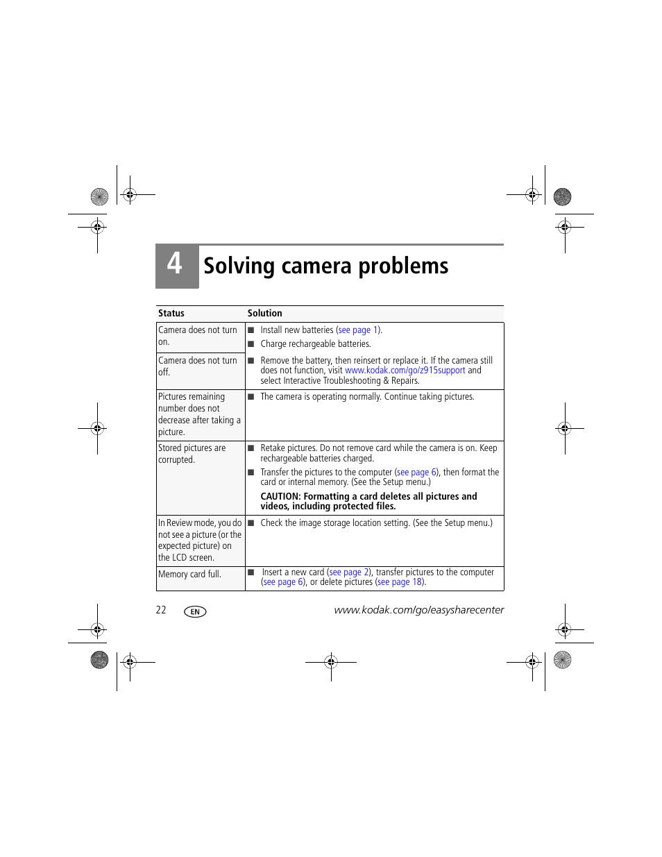 Solving camera problems | Kodak Z915 User Manual | Page 22 / 28
