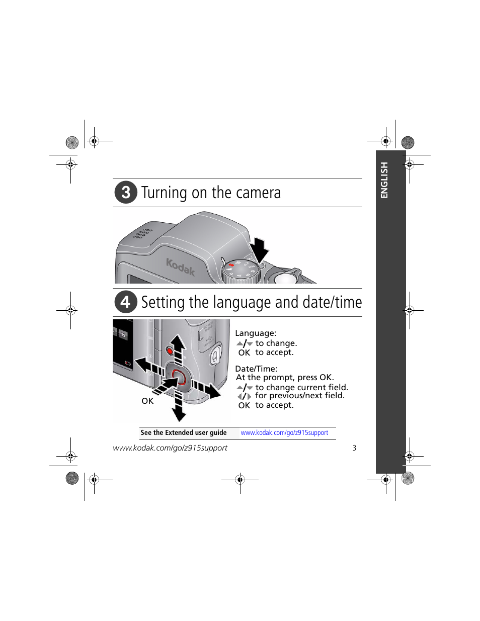 Turning on the camera, Setting the language and date/time | Kodak Z915 User Manual | Page 3 / 28