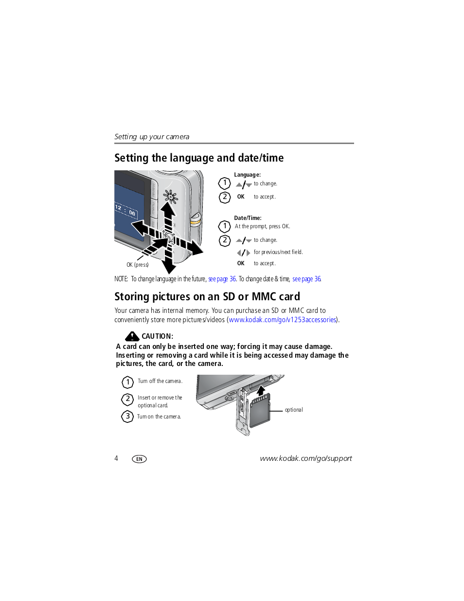 Storing pictures on an sd or mmc card, Setting the language and date/time | Kodak V1253 User Manual | Page 10 / 78