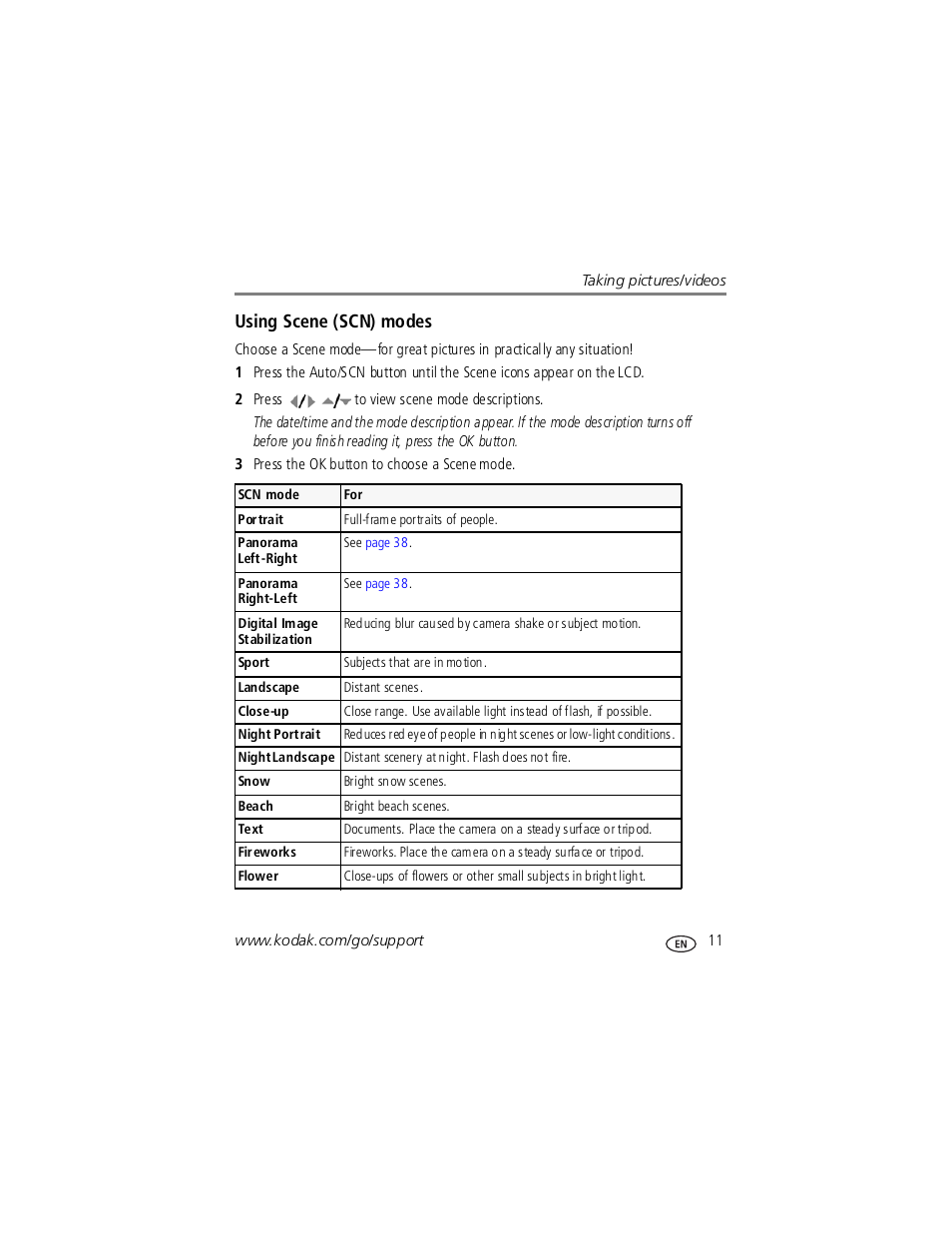 Pa ge 11, Using scene (scn) modes | Kodak V1253 User Manual | Page 17 / 78