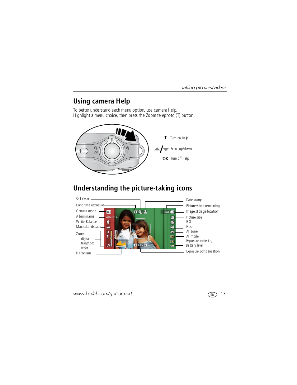 Understanding the picture-taking icons, Using camera help | Kodak V1253 User Manual | Page 19 / 78