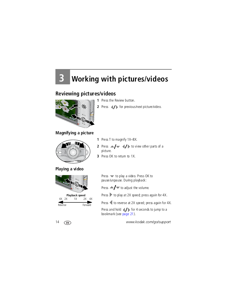 Working with pictures/videos, Reviewing pictures/videos, Magnifying a picture | Playing a video, 3 working with pictures/videos | Kodak V1253 User Manual | Page 20 / 78