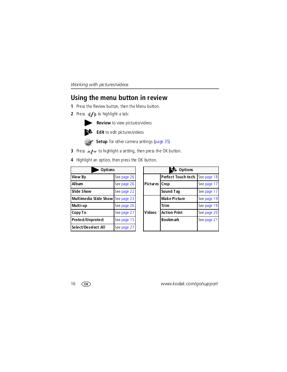 Using the menu button in review | Kodak V1253 User Manual | Page 22 / 78