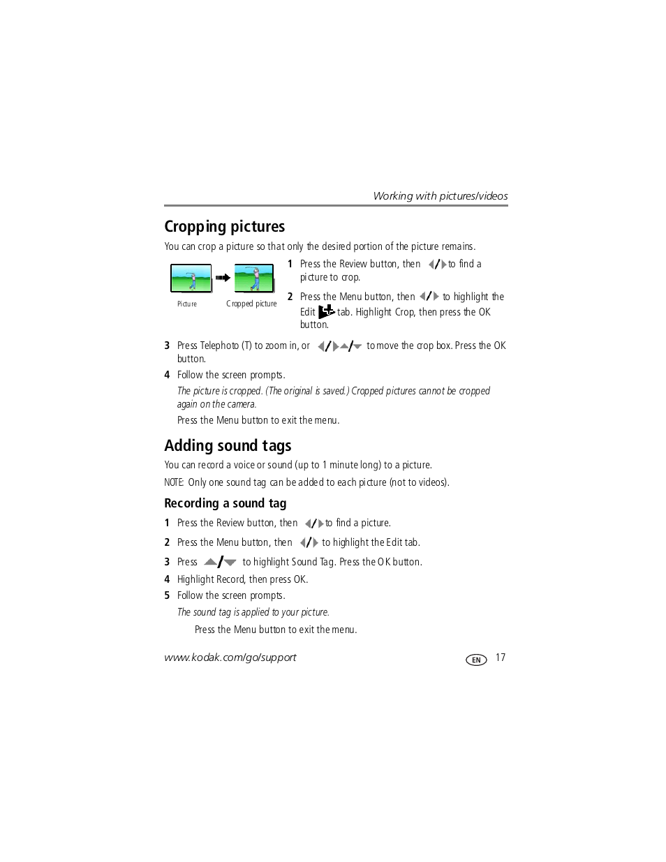 Adding sound tags, Recording a sound tag, Cropping pictures adding sound tags | Cropping pictures | Kodak V1253 User Manual | Page 23 / 78