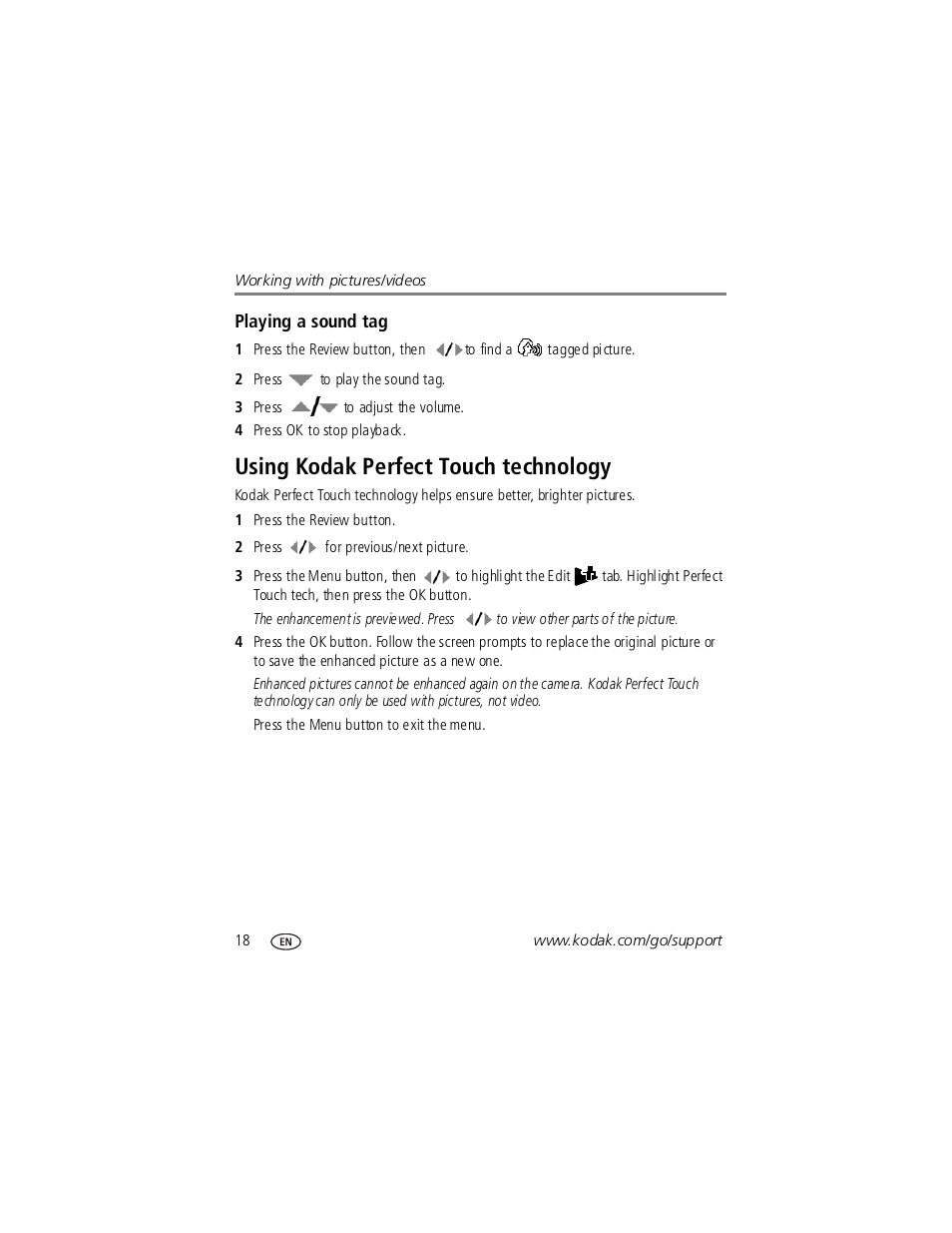 Playing a sound tag, Using kodak perfect touch technology | Kodak V1253 User Manual | Page 24 / 78