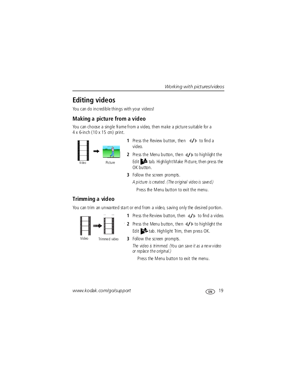 Making a picture from a video, Trimming a video, Editing videos | Kodak V1253 User Manual | Page 25 / 78