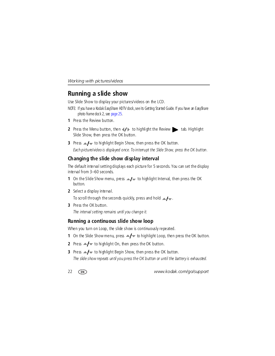 Changing the slide show display interval, Running a continuous slide show loop, Running a slide show | Kodak V1253 User Manual | Page 28 / 78