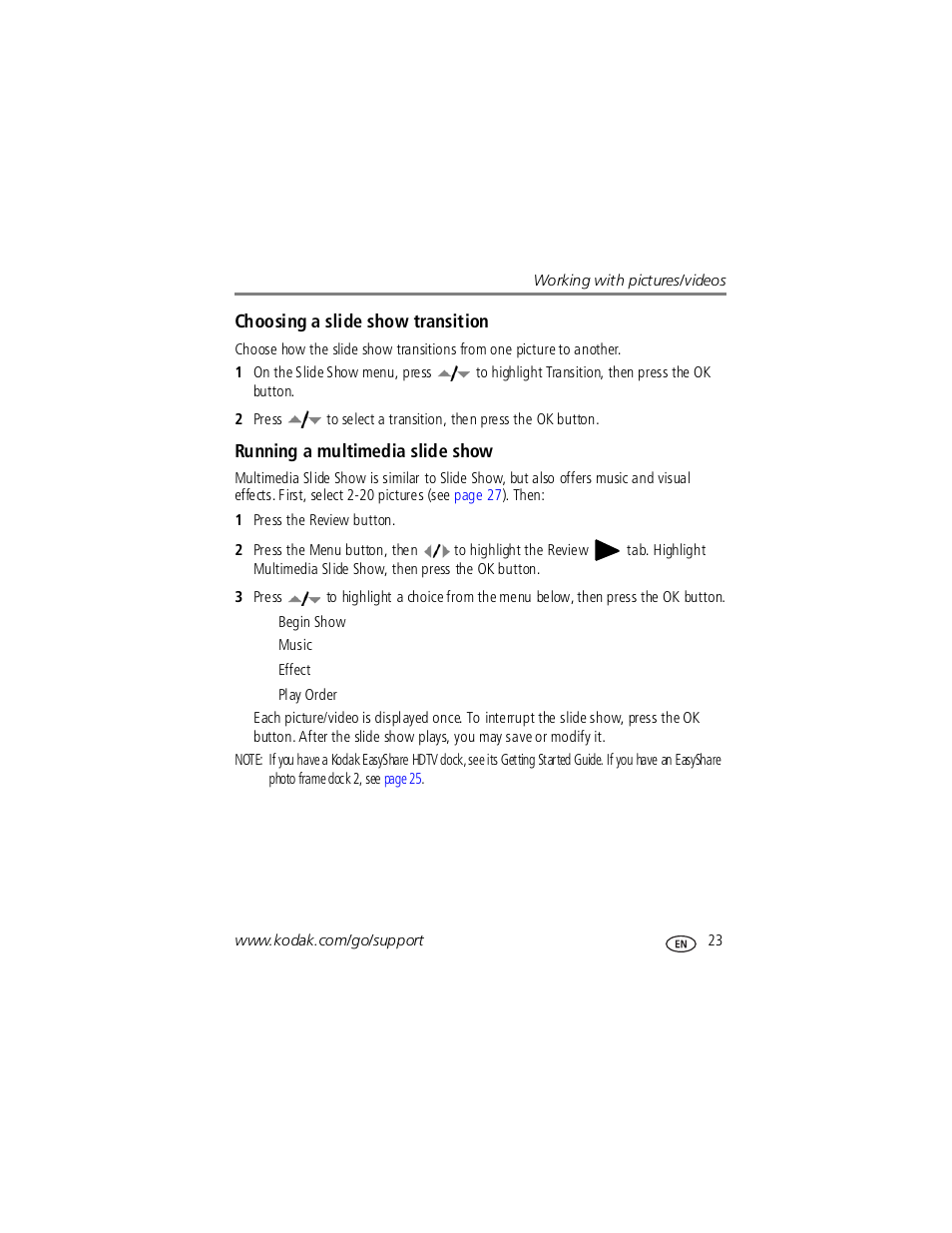 Choosing a slide show transition, Running a multimedia slide show | Kodak V1253 User Manual | Page 29 / 78