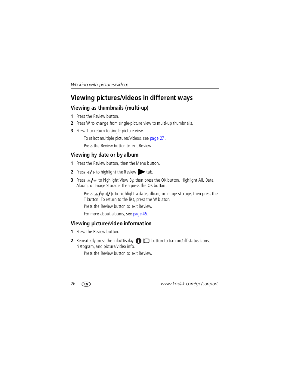 Viewing as thumbnails (multi-up), Viewing by date or by album, Viewing picture/video information | Viewing pictures/videos in different ways | Kodak V1253 User Manual | Page 32 / 78