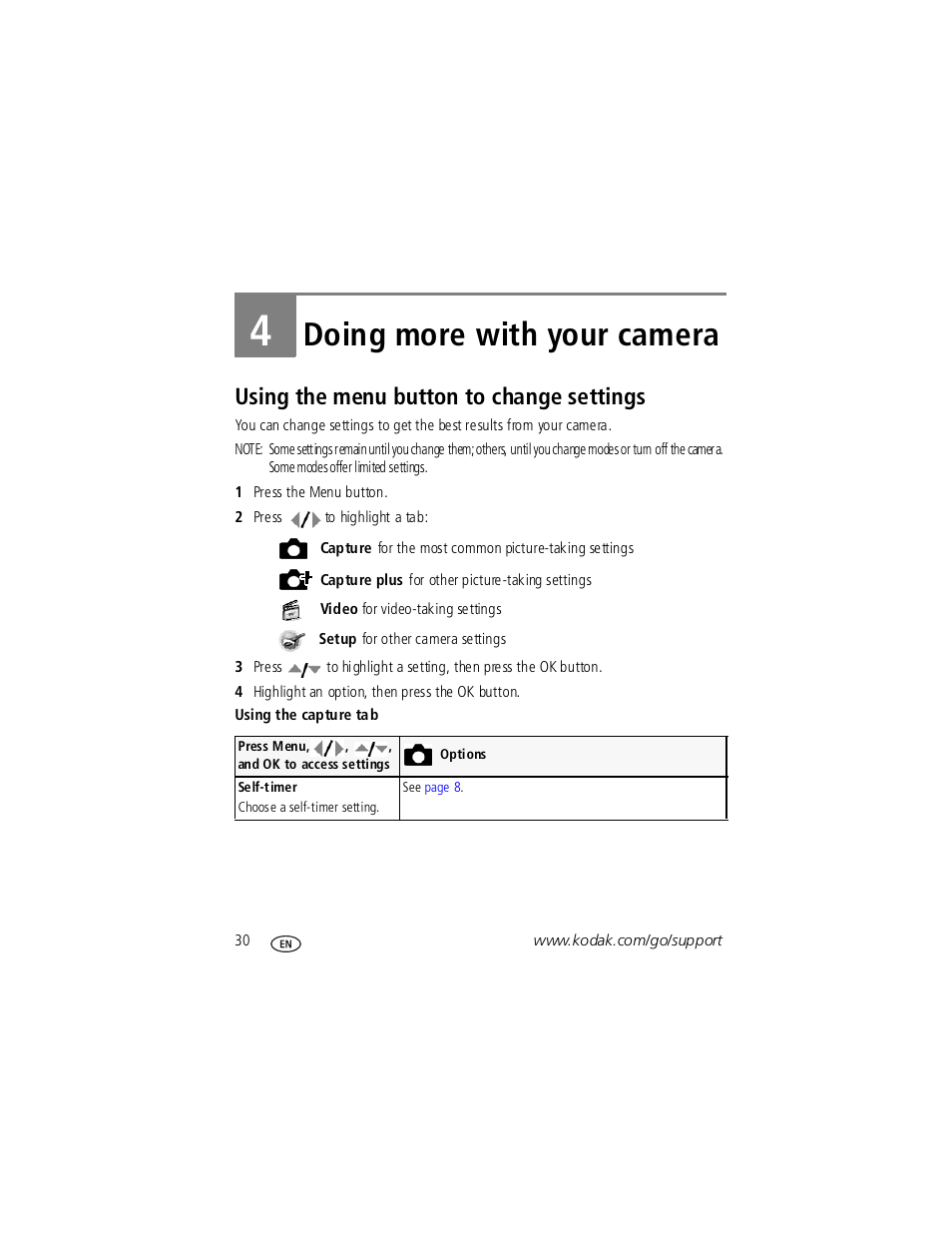 Doing more with your camera, Using the menu button to change settings, 4 doing more with your camera | Kodak V1253 User Manual | Page 36 / 78