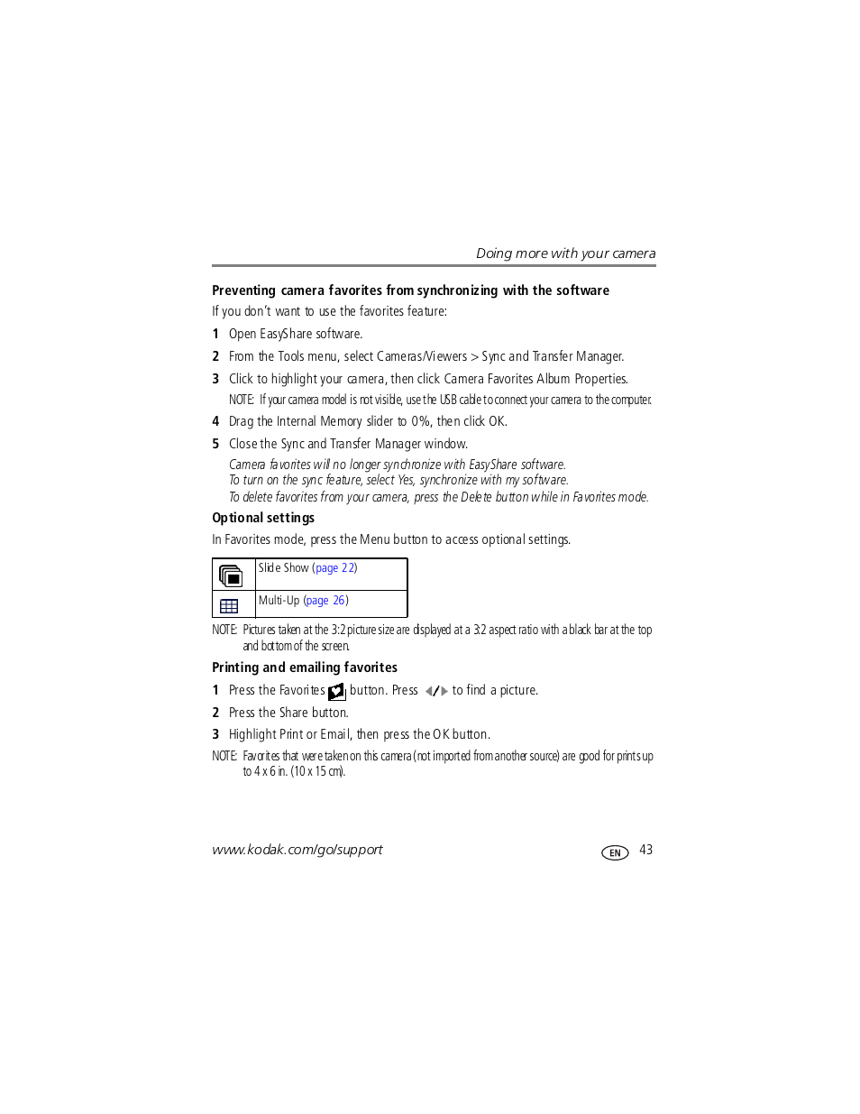 Optional settings, Printing and emailing favorites | Kodak V1253 User Manual | Page 49 / 78