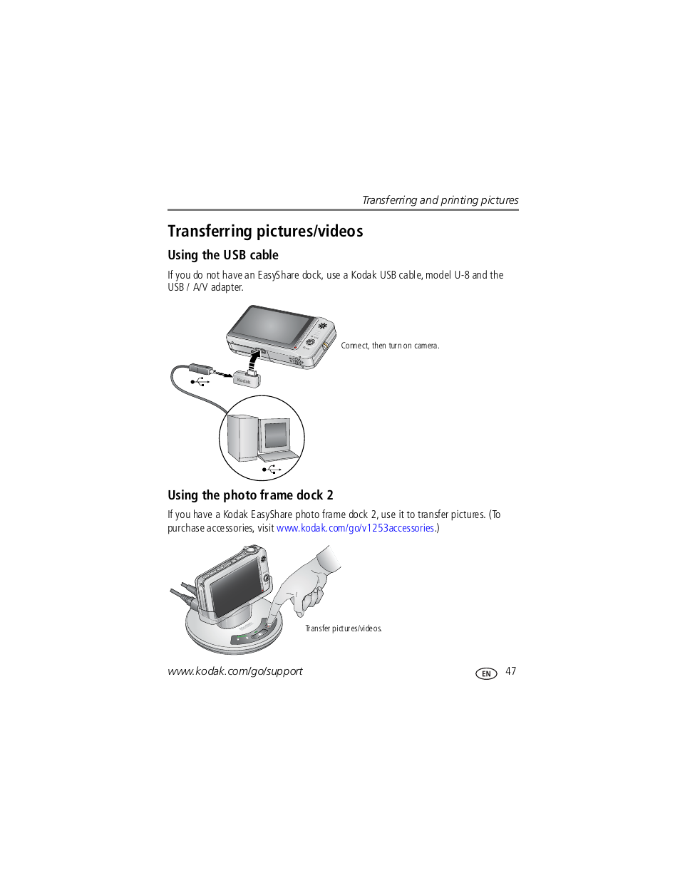 Using the usb cable, Using the photo frame dock 2, Transferring pictures/videos | Kodak V1253 User Manual | Page 53 / 78