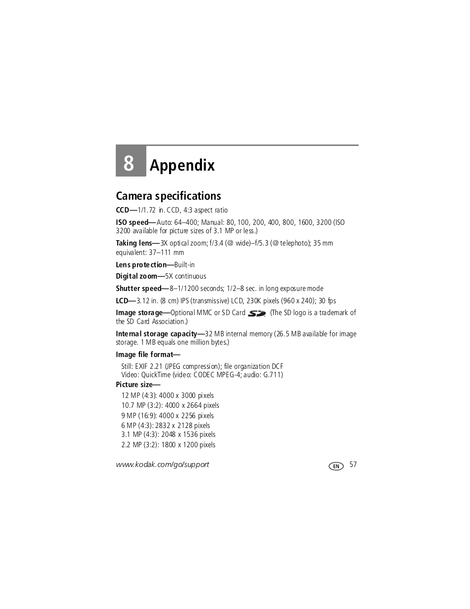 Appendix, Camera specifications, 8 appendix | Kodak V1253 User Manual | Page 63 / 78