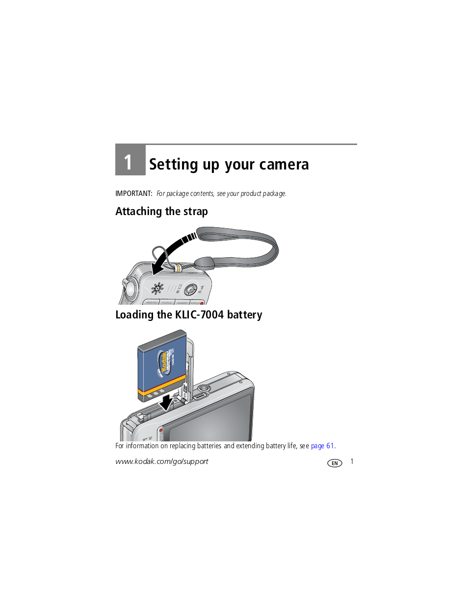 Setting up your camera, Attaching the strap, Loading the klic-7004 battery | 1 setting up your camera, Attaching the strap loading the klic-7004 battery | Kodak V1253 User Manual | Page 7 / 78
