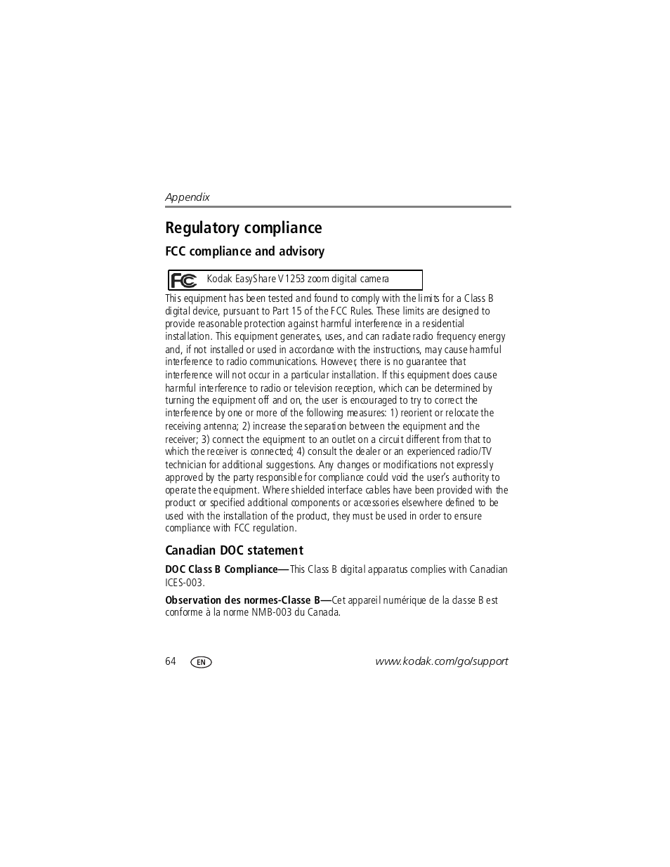 Fcc compliance and advisory, Canadian doc statement, Regulatory compliance | Kodak V1253 User Manual | Page 70 / 78