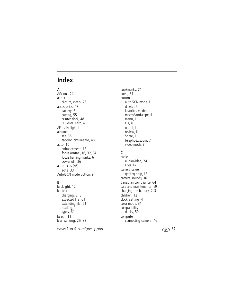 Index | Kodak V1253 User Manual | Page 73 / 78