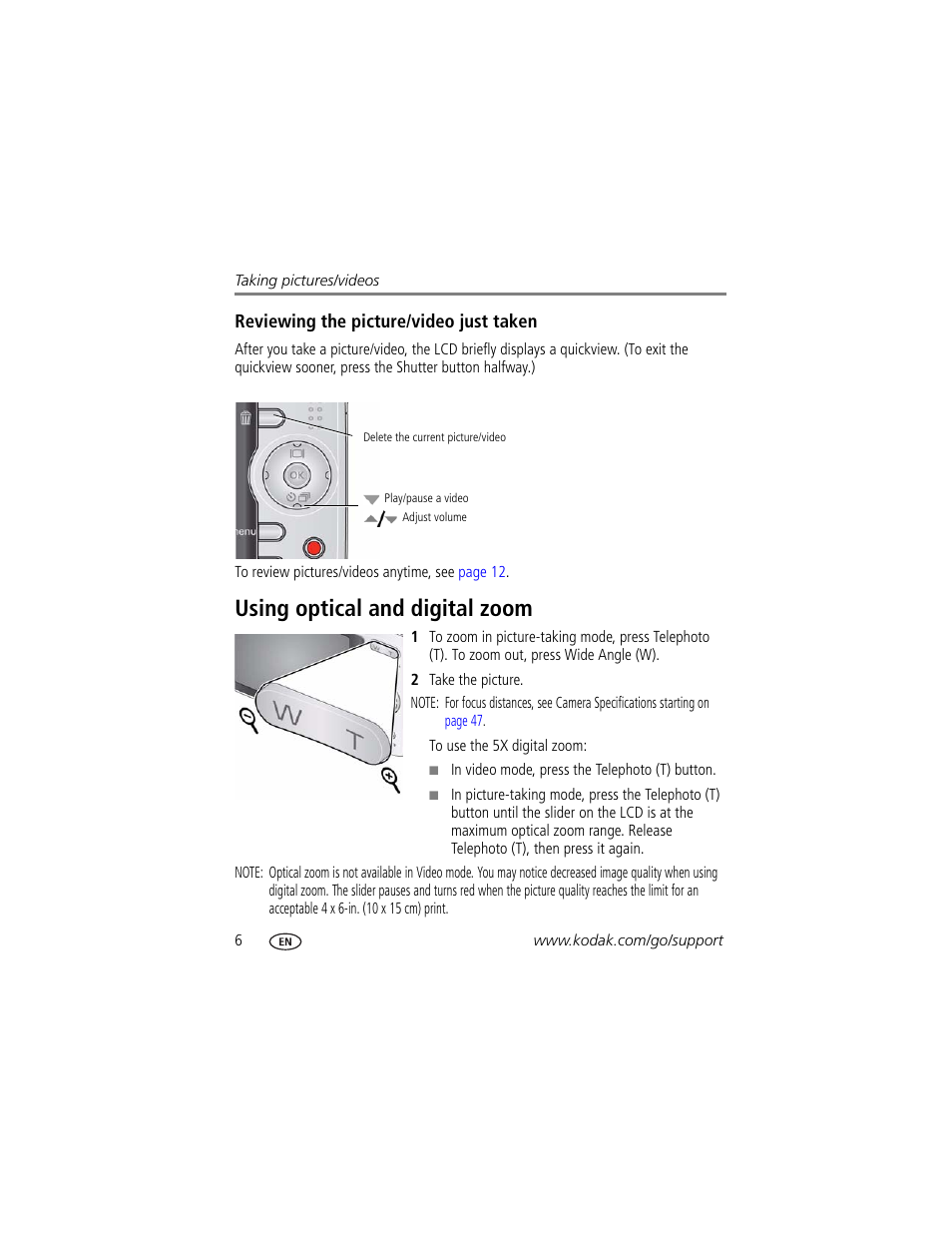 Reviewing the picture/video just taken, Using optical and digital zoom | Kodak M320 User Manual | Page 12 / 67