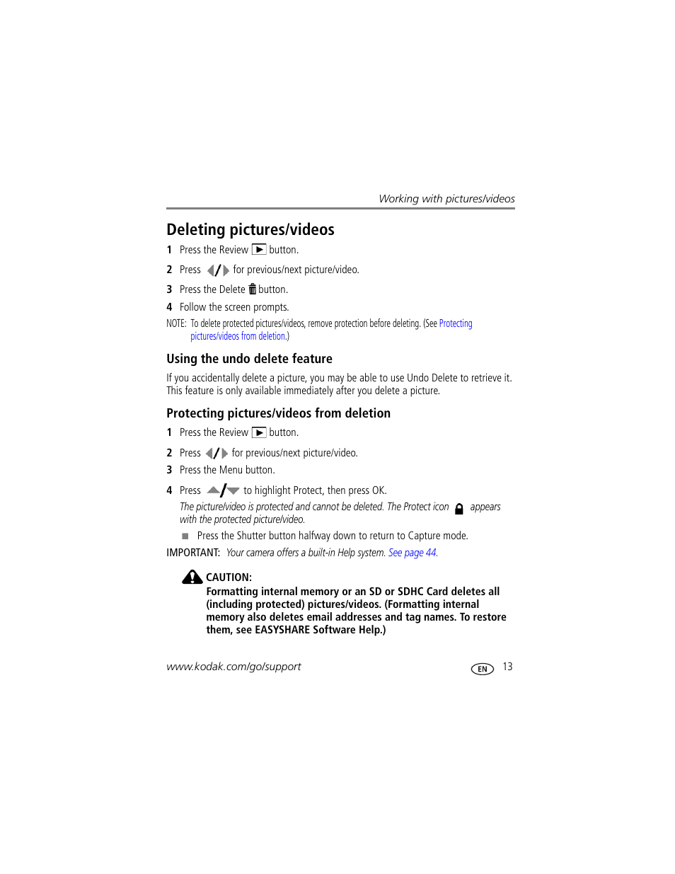 Deleting pictures/videos, Using the undo delete feature, Protecting pictures/videos from deletion | Kodak M320 User Manual | Page 19 / 67