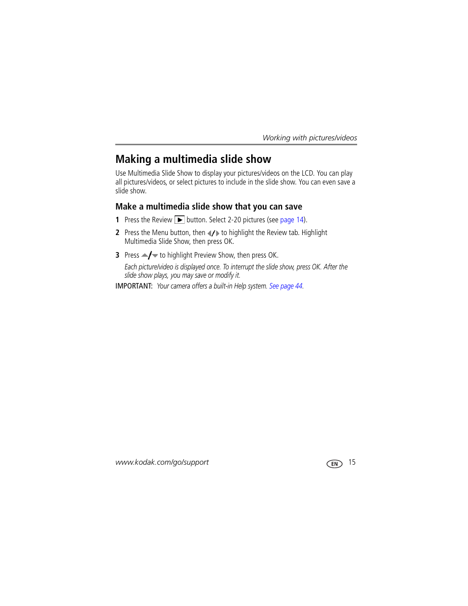 Making a multimedia slide show, Make a multimedia slide show that you can save | Kodak M320 User Manual | Page 21 / 67