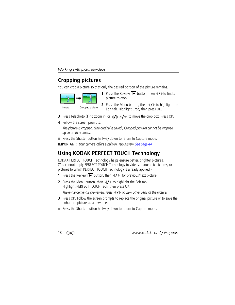 Cropping pictures, Using kodak perfect touch technology | Kodak M320 User Manual | Page 24 / 67