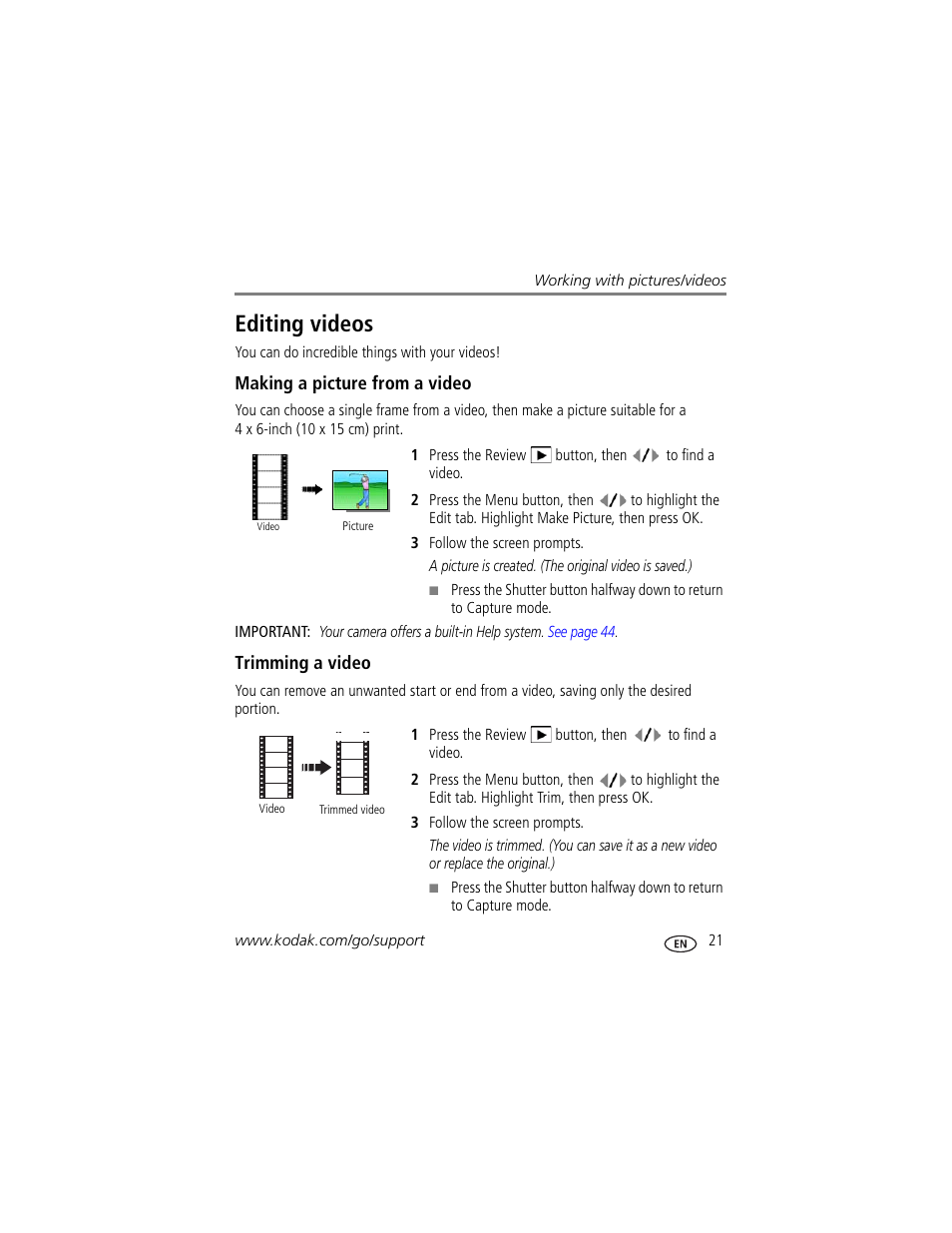 Editing videos, Making a picture from a video, Trimming a video | Kodak M320 User Manual | Page 27 / 67