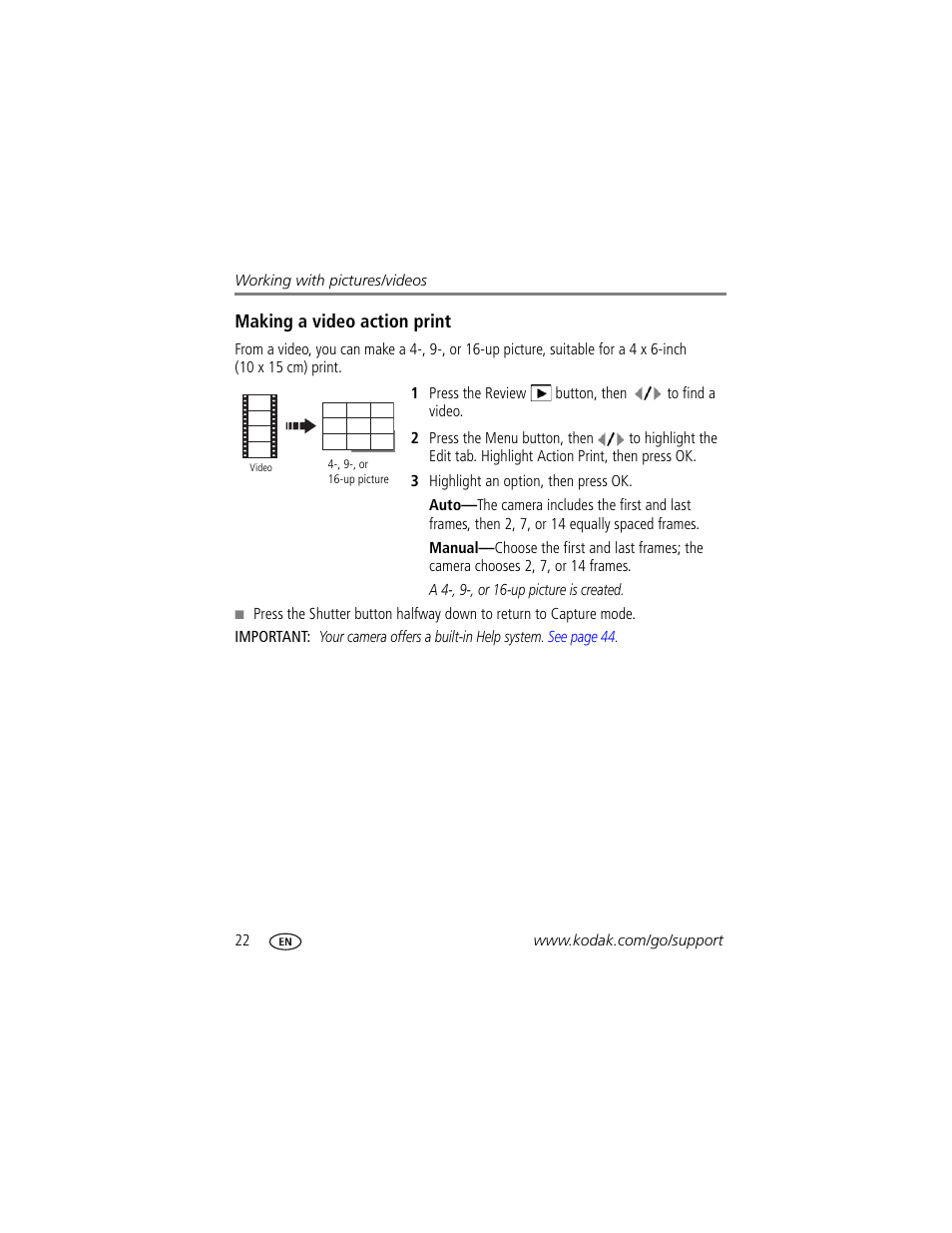 Making a video action print | Kodak M320 User Manual | Page 28 / 67