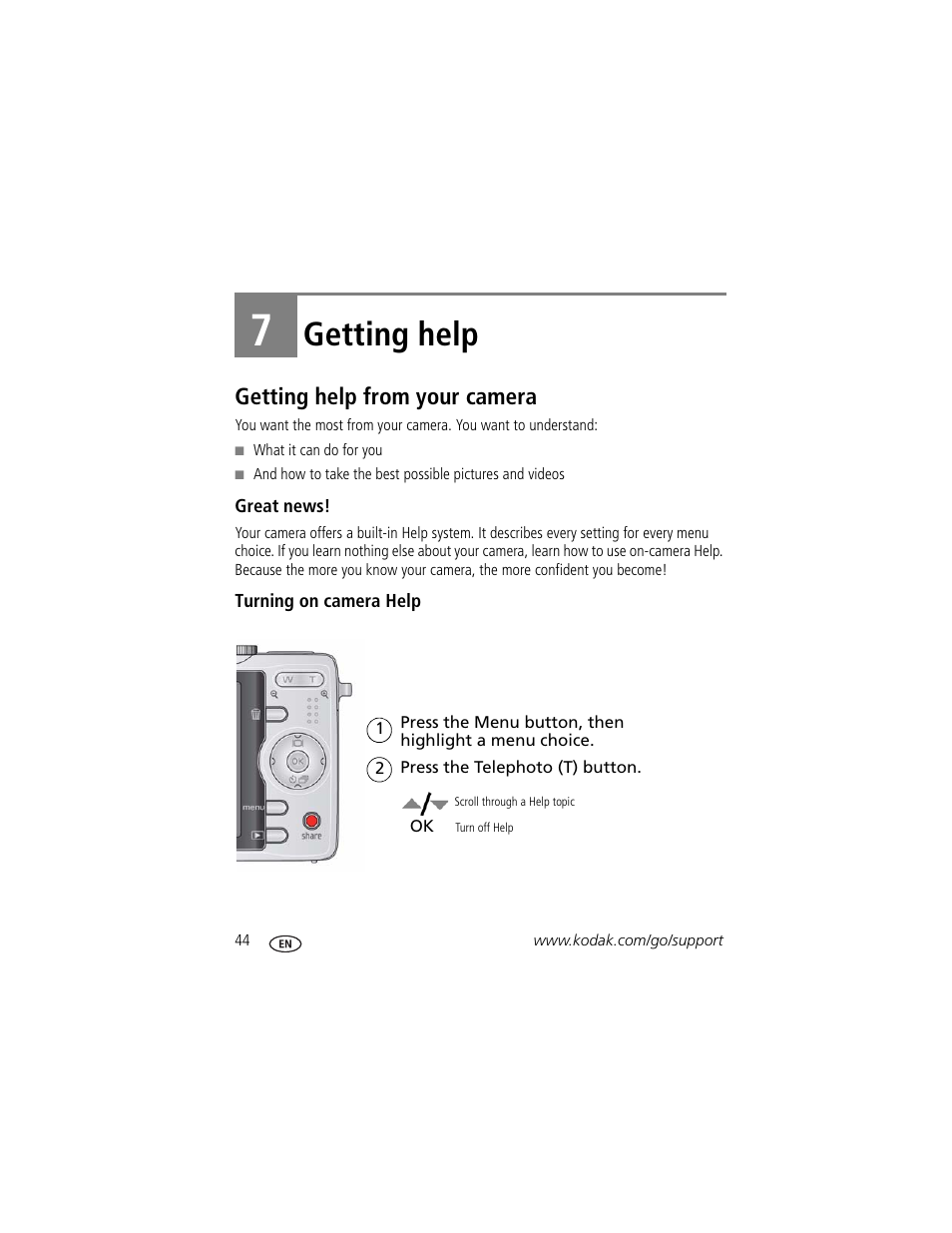 Getting help, Getting help from your camera, Great news | Turning on camera help, 7 getting help, Stem | Kodak M320 User Manual | Page 50 / 67