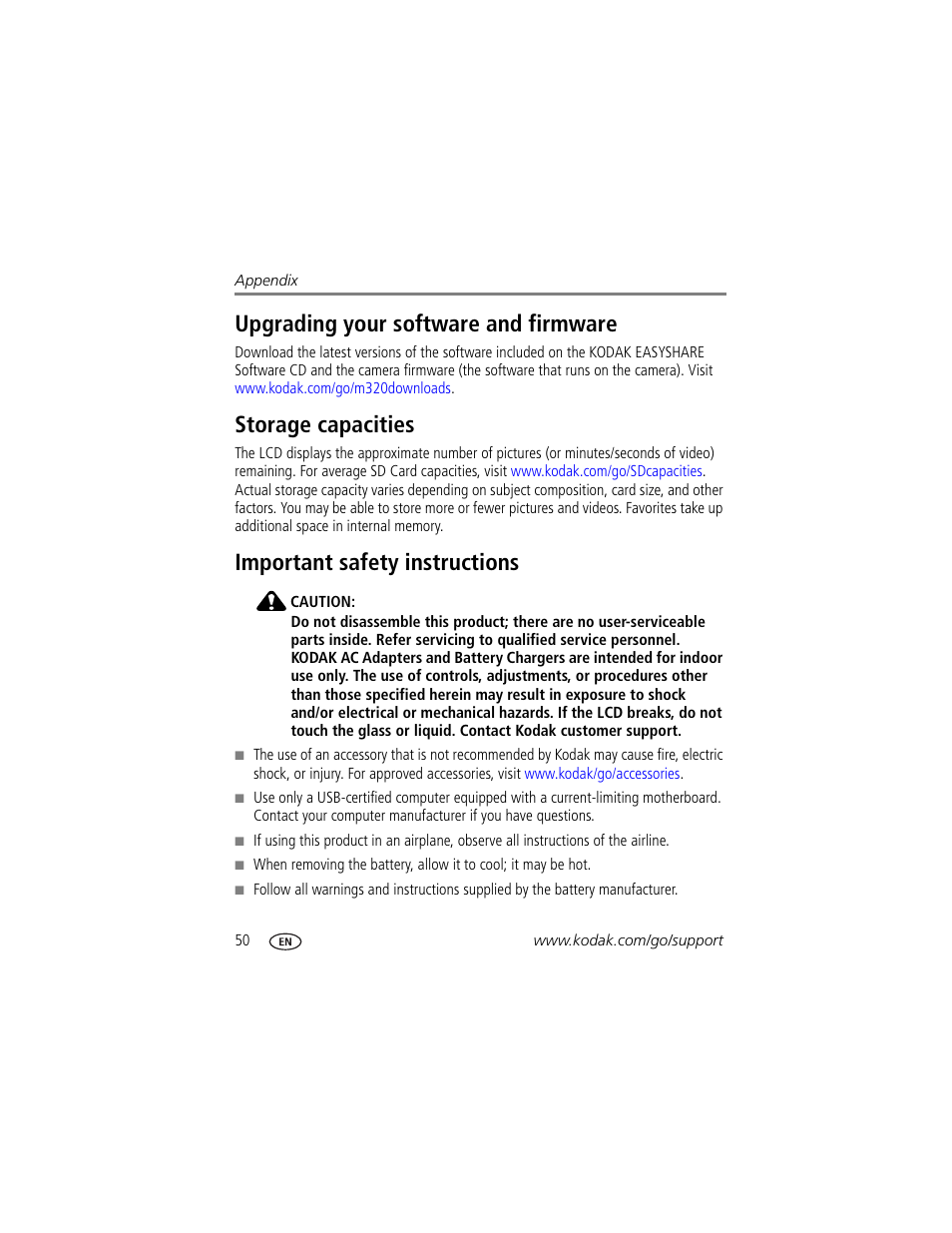 Upgrading your software and firmware, Storage capacities, Important safety instructions | Kodak M320 User Manual | Page 56 / 67