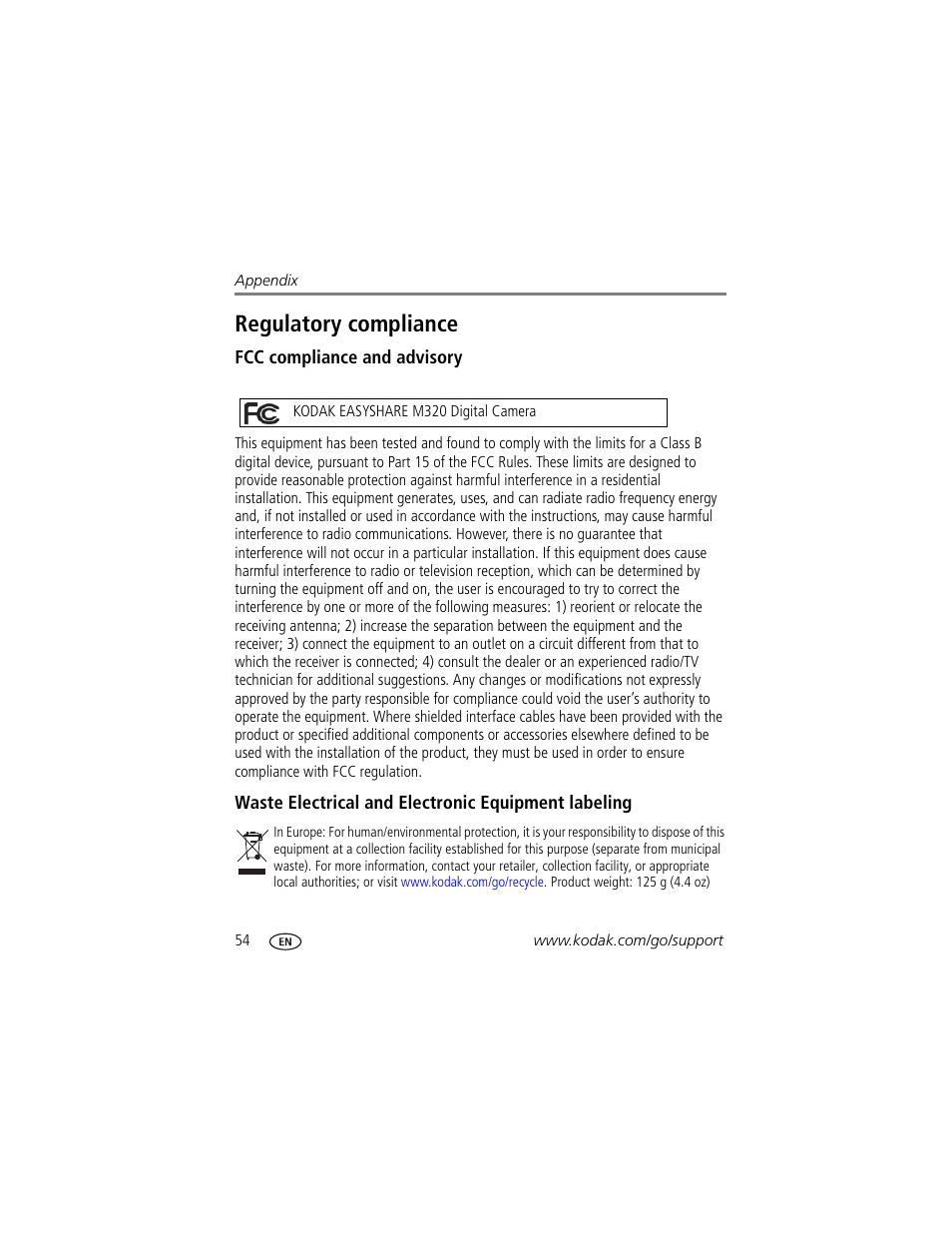 Regulatory compliance, Fcc compliance and advisory, Waste electrical and electronic equipment labeling | Kodak M320 User Manual | Page 60 / 67