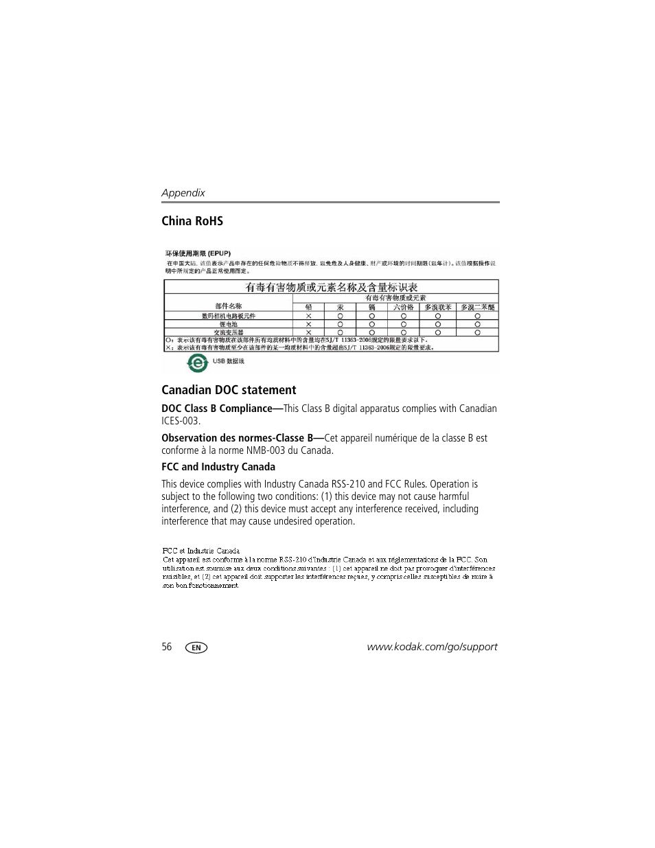 China rohs, Canadian doc statement, Fcc and industry canada | Kodak M320 User Manual | Page 62 / 67