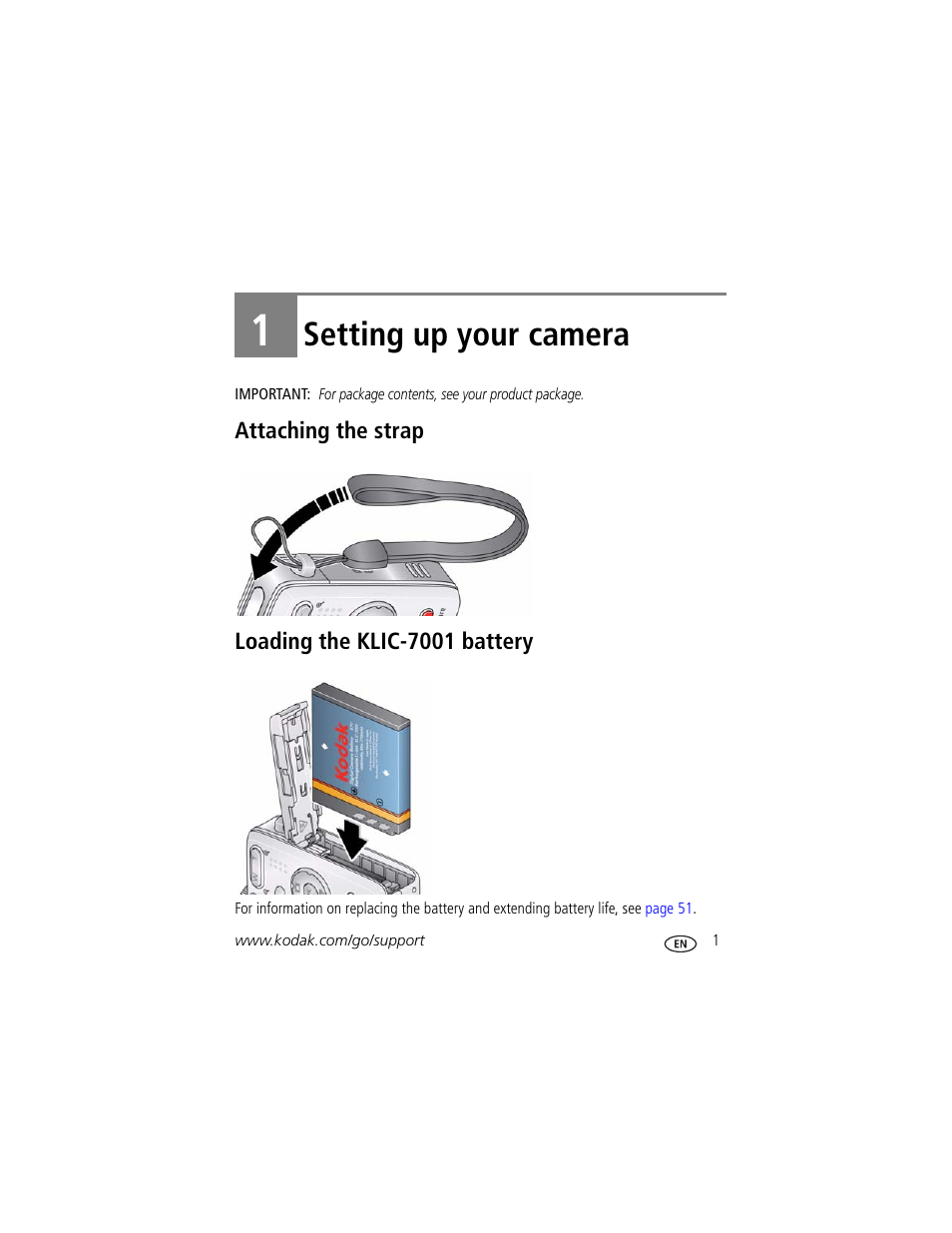 Setting up your camera, Attaching the strap, Loading the klic-7001 battery | 1 setting up your camera, Attaching the strap loading the klic-7001 battery | Kodak M320 User Manual | Page 7 / 67