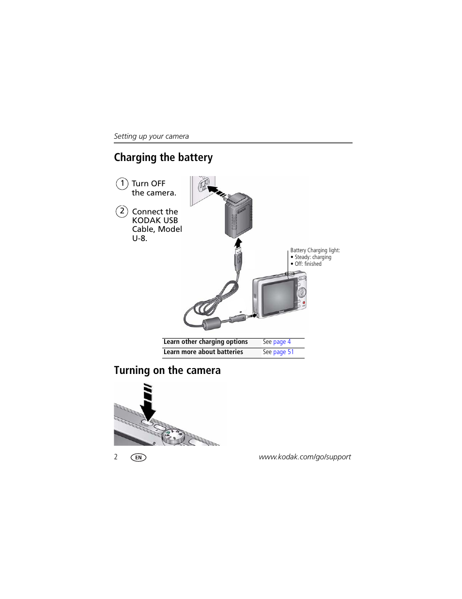 Charging the battery, Turning on the camera, Charging the battery turning on the camera | Kodak M320 User Manual | Page 8 / 67