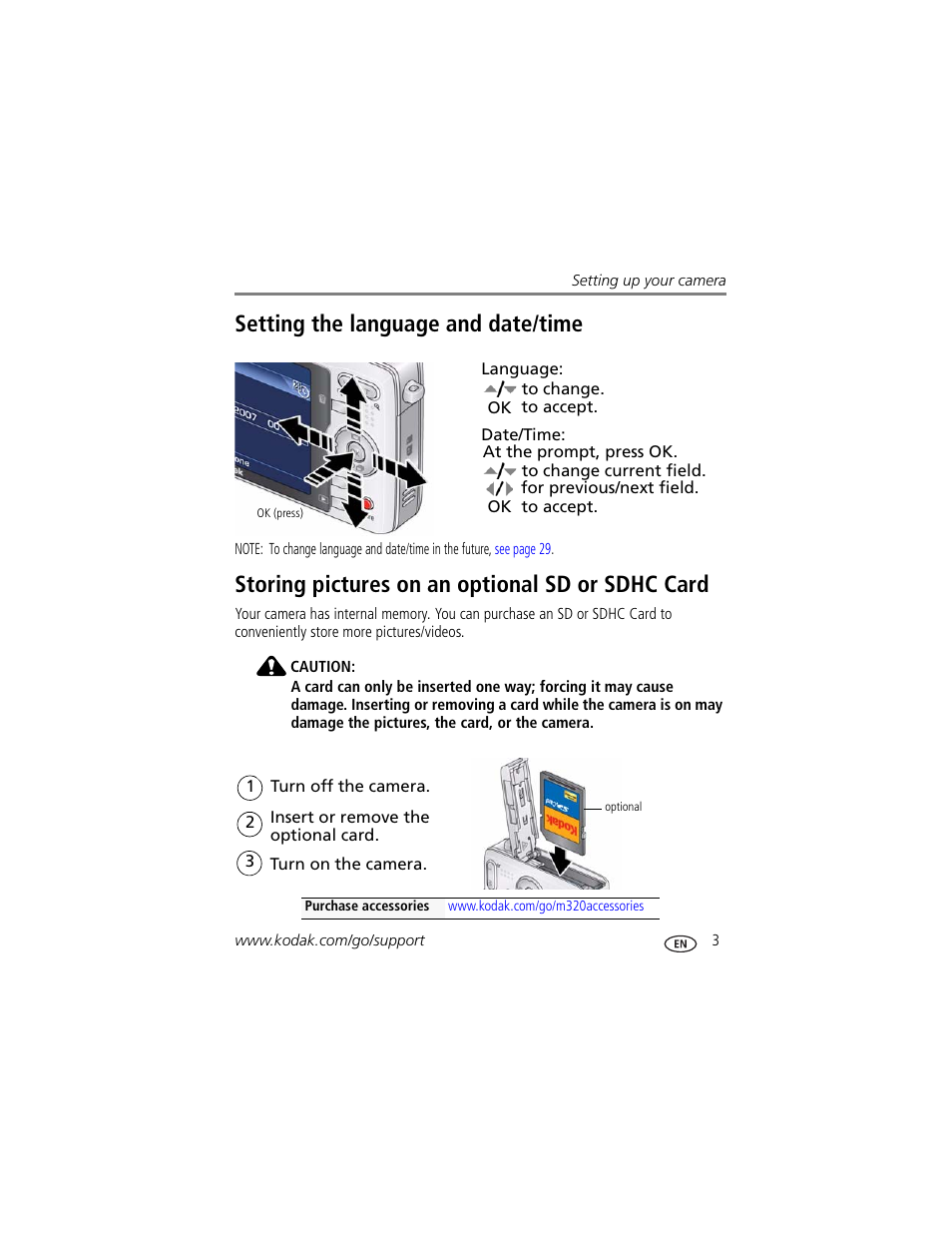 Setting the language and date/time, Storing pictures on an optional sd or sdhc card | Kodak M320 User Manual | Page 9 / 67