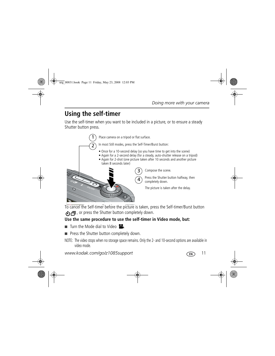 Using the self-timer | Kodak Z1085 IS User Manual | Page 11 / 28
