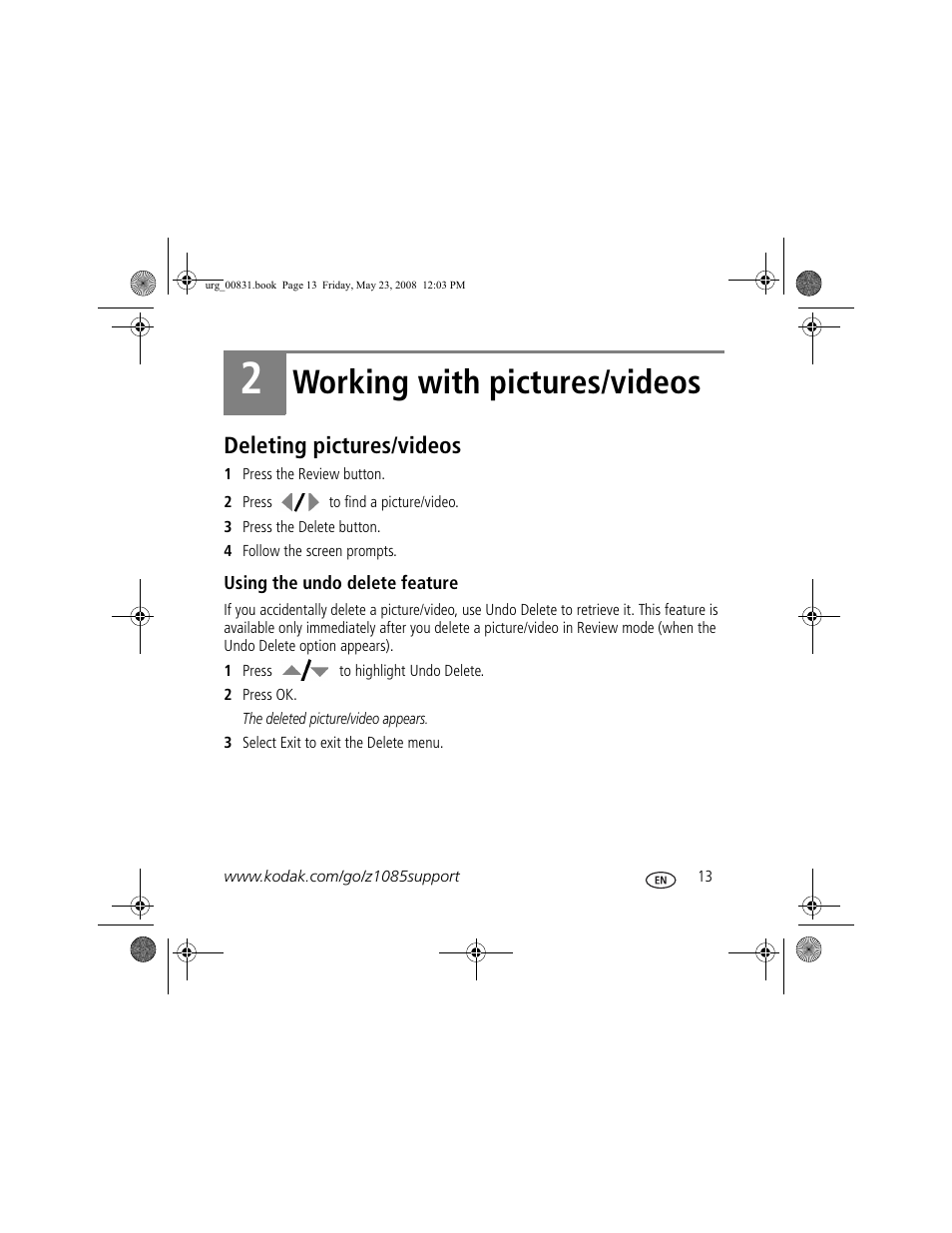 Working with pictures/videos, Deleting pictures/videos | Kodak Z1085 IS User Manual | Page 13 / 28