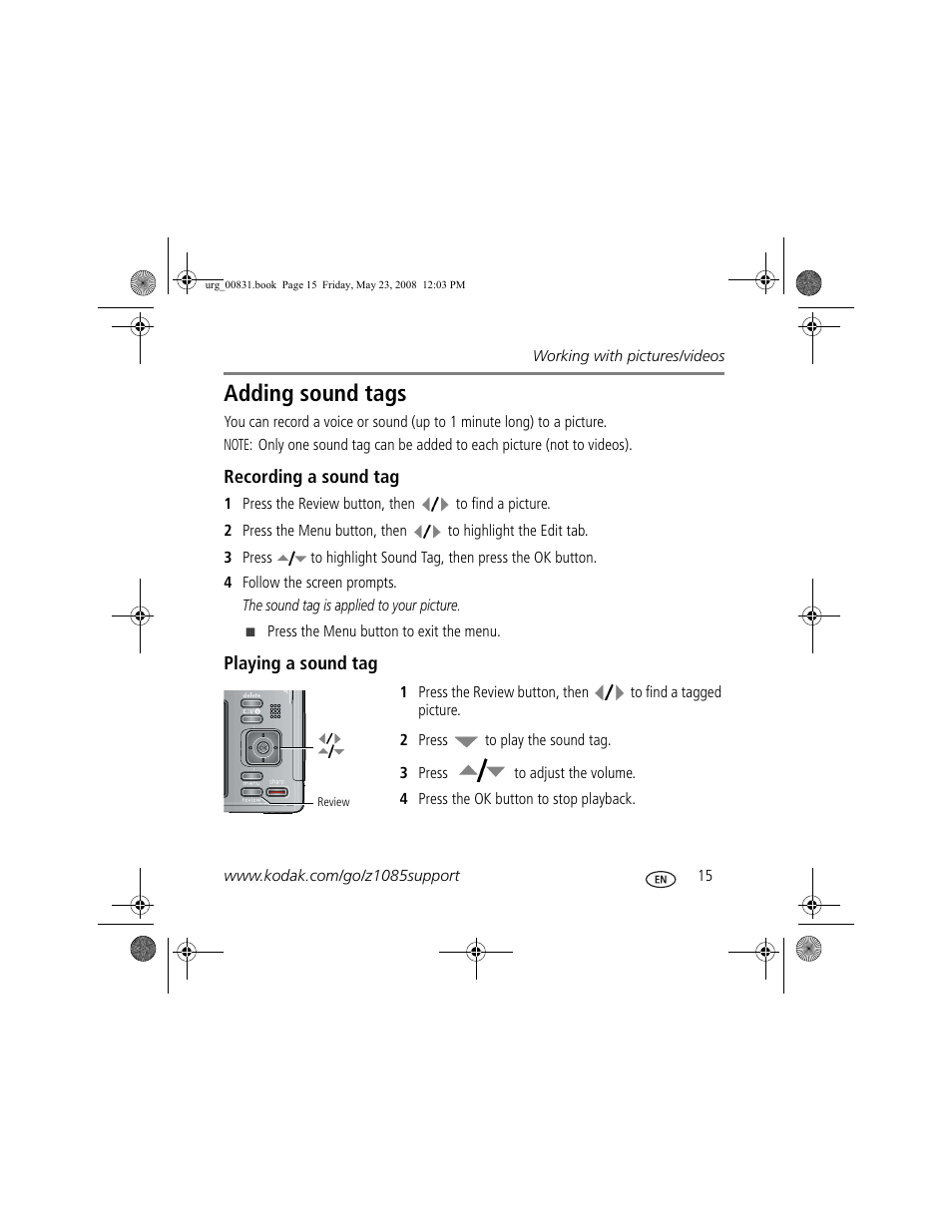 Adding sound tags | Kodak Z1085 IS User Manual | Page 15 / 28