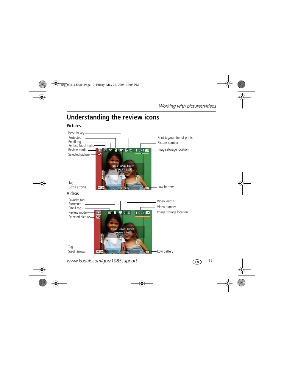 Understanding the review icons | Kodak Z1085 IS User Manual | Page 17 / 28
