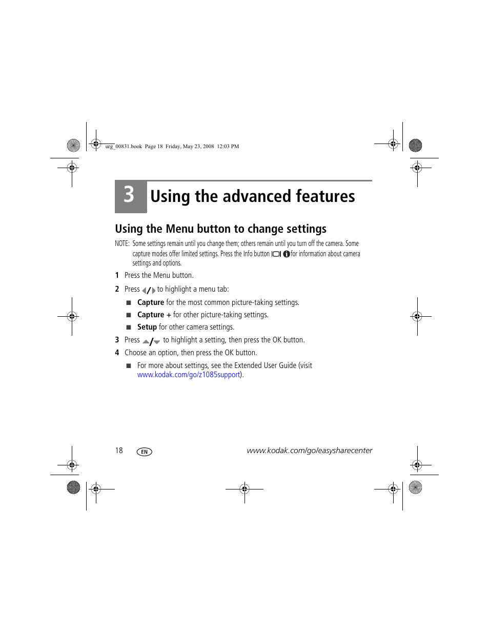 Using the advanced features, Using the menu button to change settings | Kodak Z1085 IS User Manual | Page 18 / 28