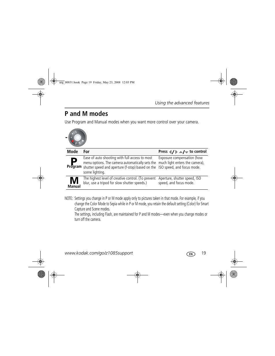 P and m modes | Kodak Z1085 IS User Manual | Page 19 / 28