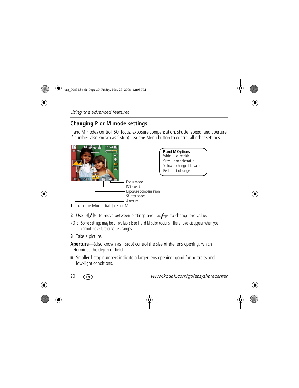 Changing p or m mode settings | Kodak Z1085 IS User Manual | Page 20 / 28