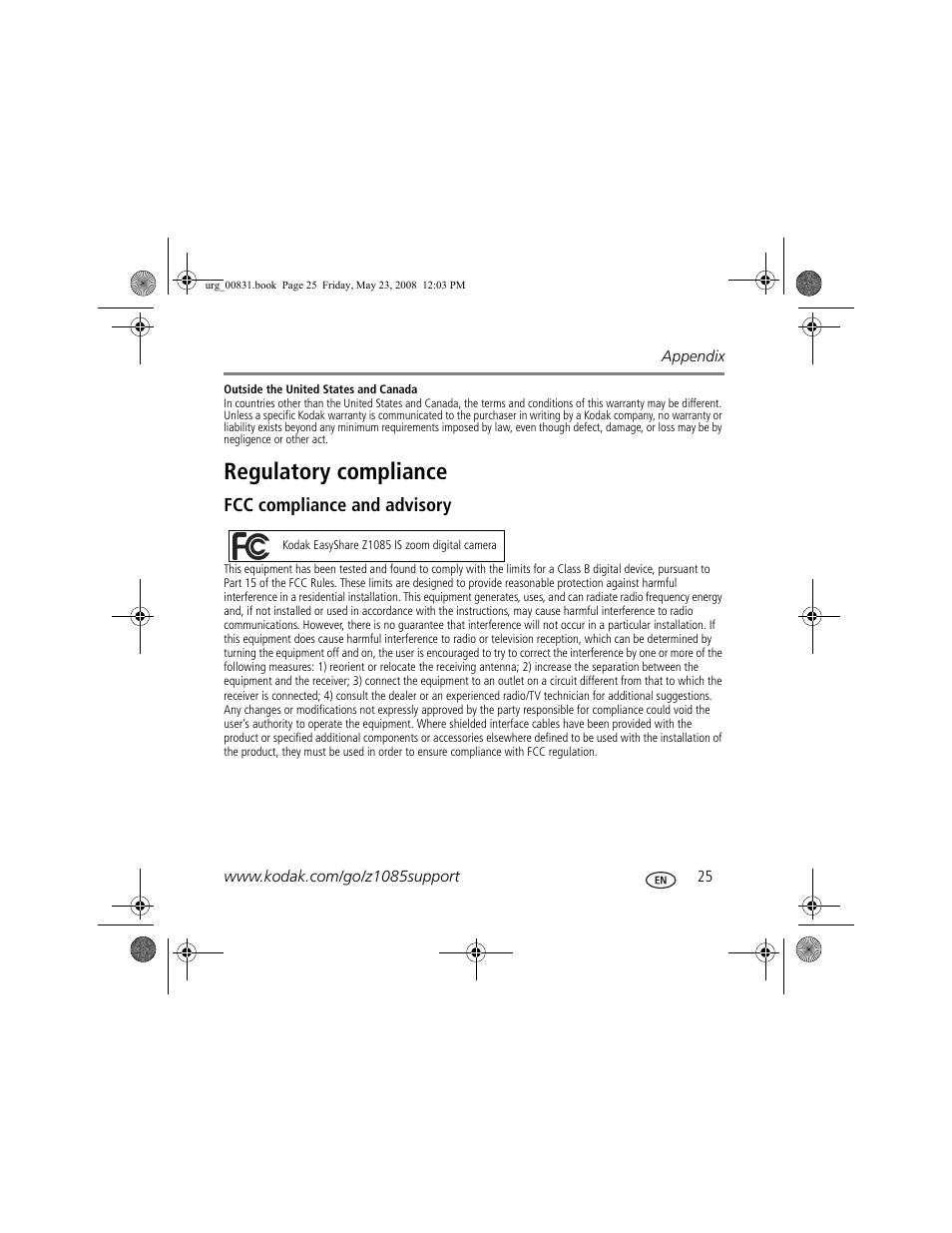 Regulatory compliance | Kodak Z1085 IS User Manual | Page 25 / 28