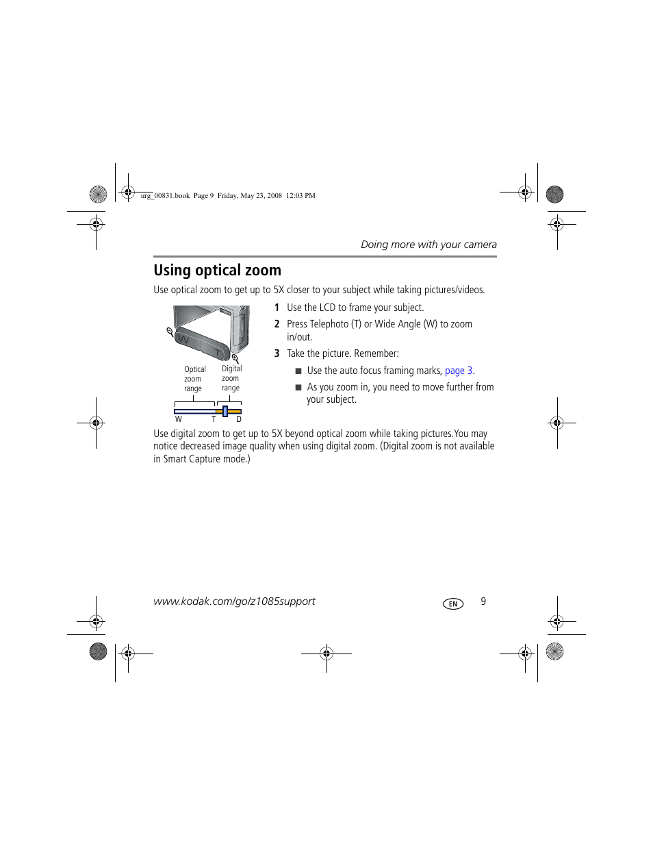 Using optical zoom | Kodak Z1085 IS User Manual | Page 9 / 28