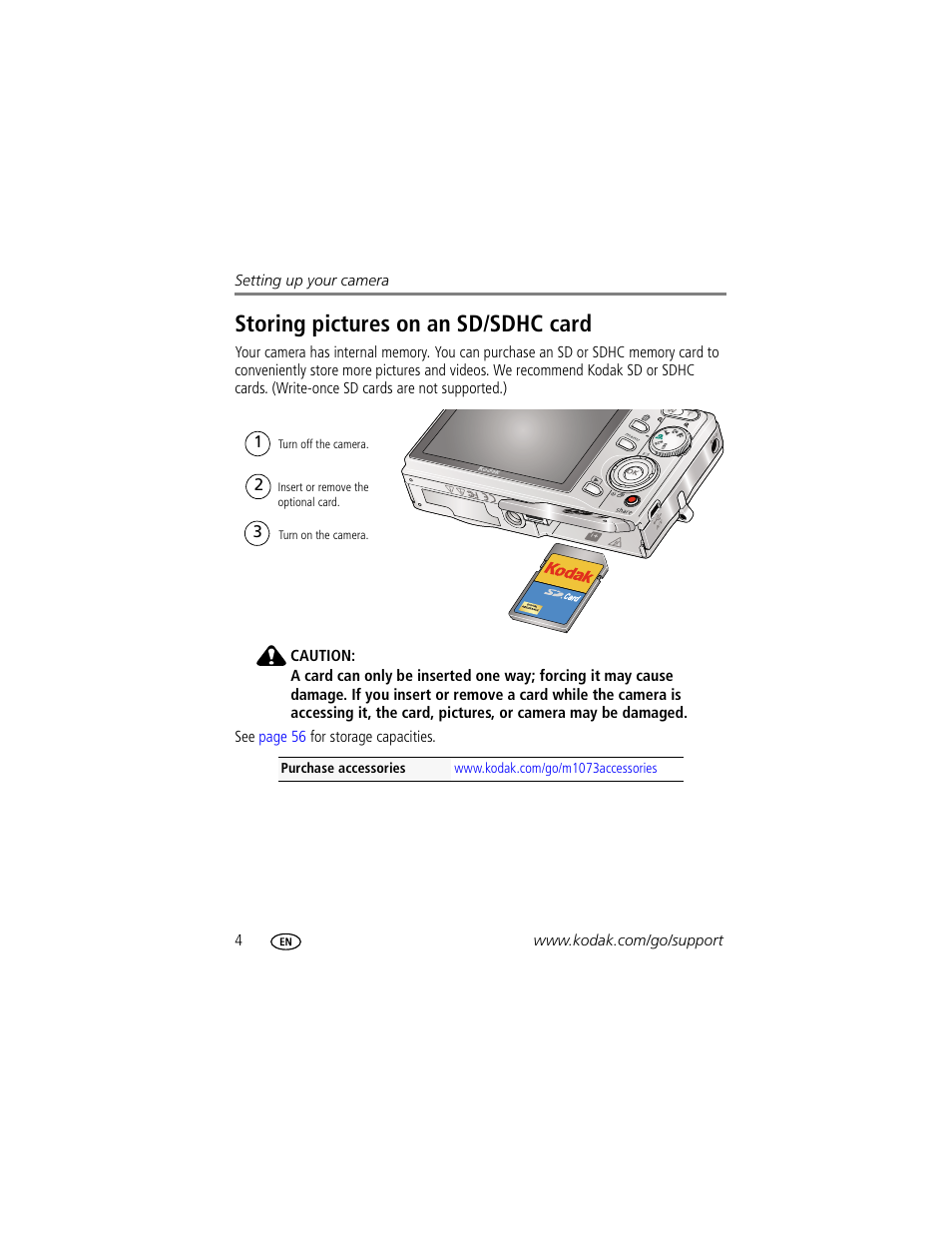 Storing pictures on an sd/sdhc card | Kodak M1073 IS User Manual | Page 10 / 74