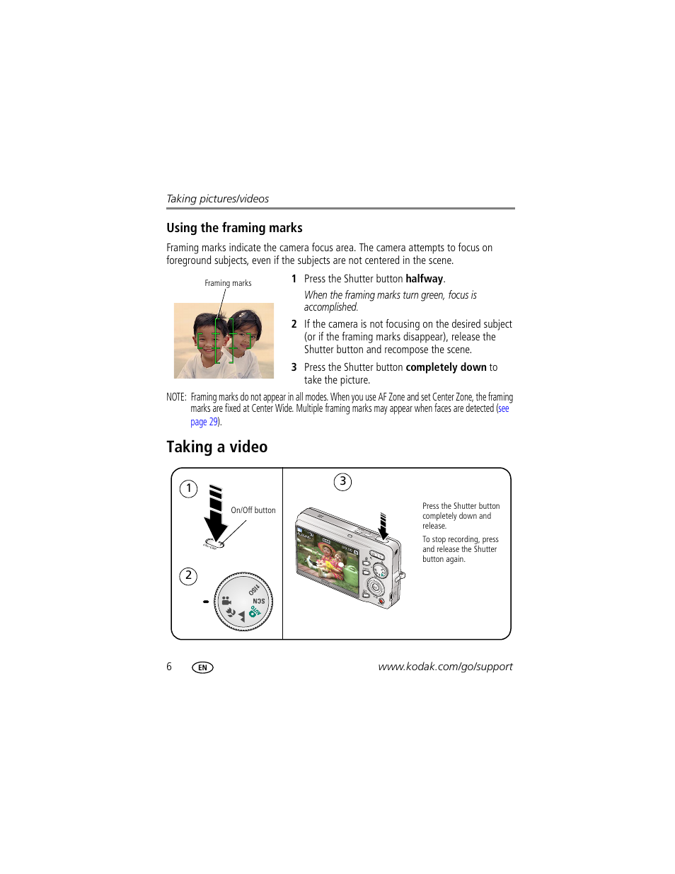 Using the framing marks, Taking a video | Kodak M1073 IS User Manual | Page 12 / 74