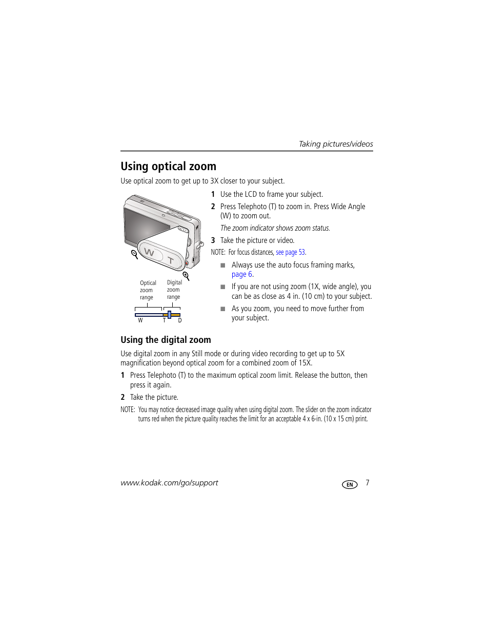 Using optical zoom, Using the digital zoom | Kodak M1073 IS User Manual | Page 13 / 74