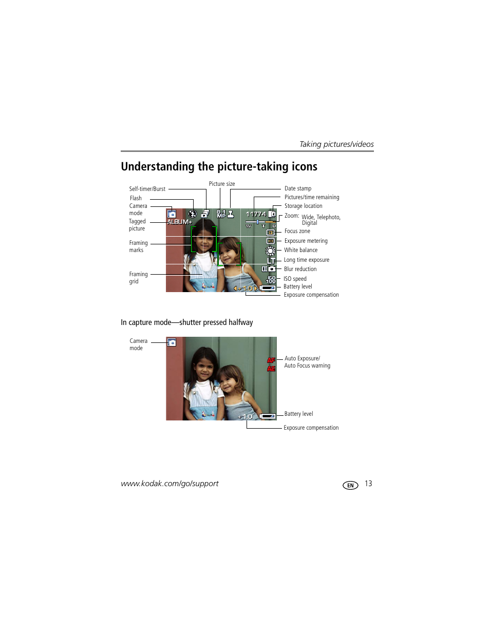 Understanding the picture-taking icons | Kodak M1073 IS User Manual | Page 19 / 74